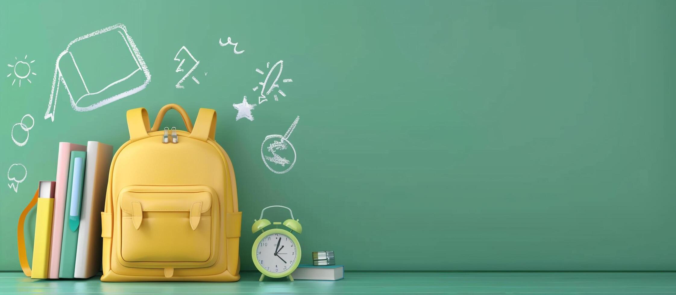 Back to school of a yellow backpack with school supplies on green background, concept back to new colors books for education and learning in the style of realistic landscapes photo