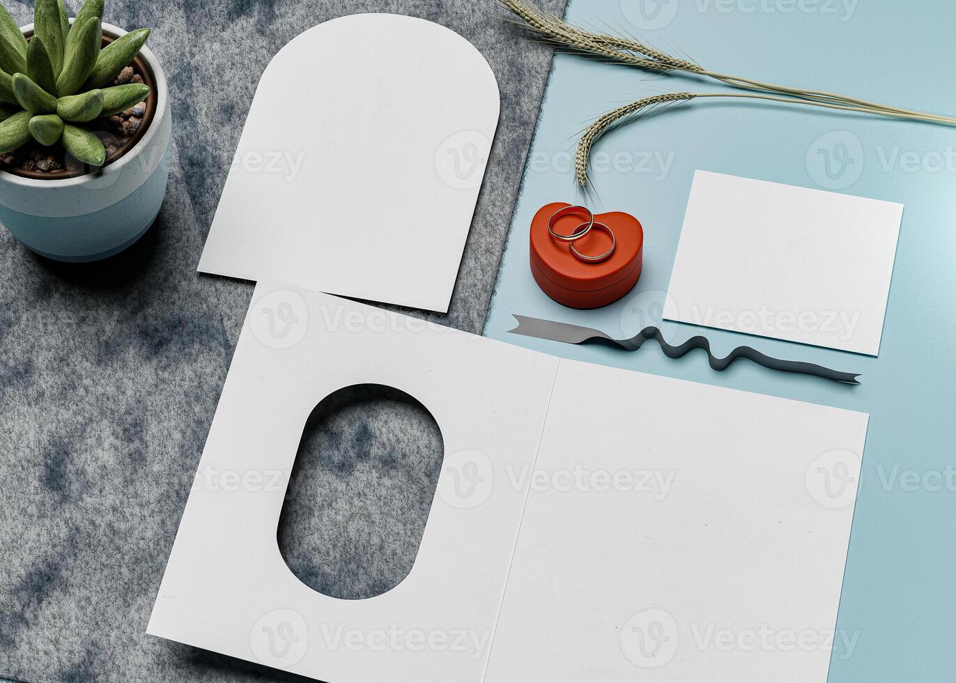 An invitation card with an arch-shaped hole, perfect for wedding invitation mockups photo