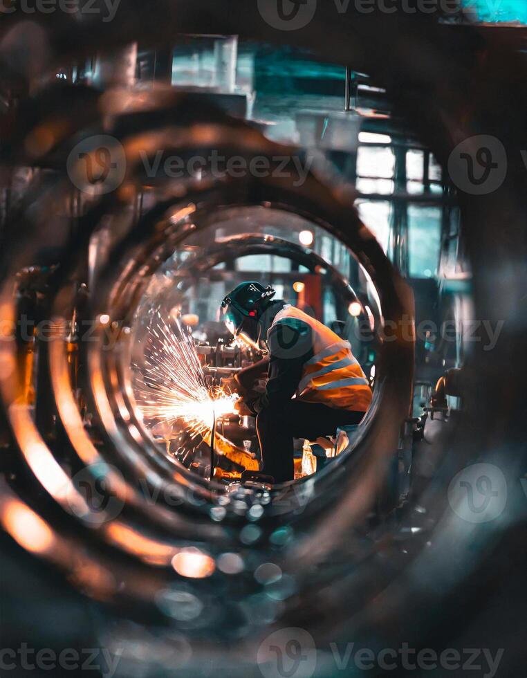 View from inside the steel pipe there was a welder at the end of the pipe photo