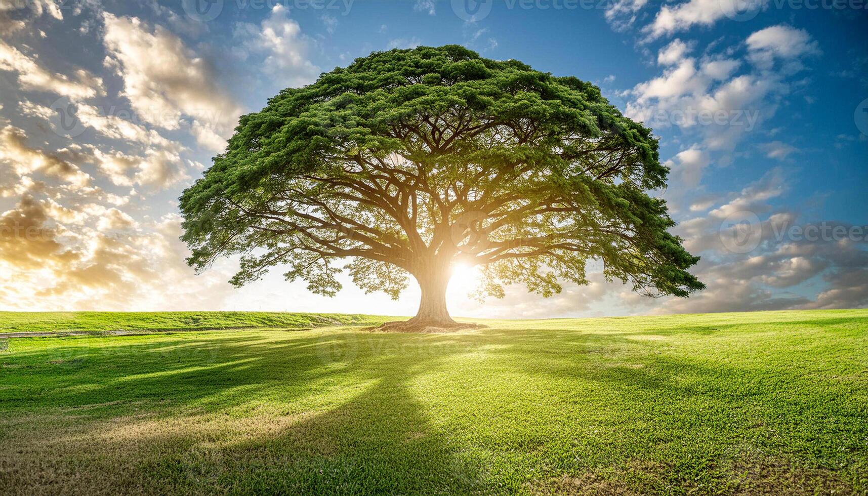 Big tree growing in the grass, Scientific name Albizia saman, Common name Rain tree photo