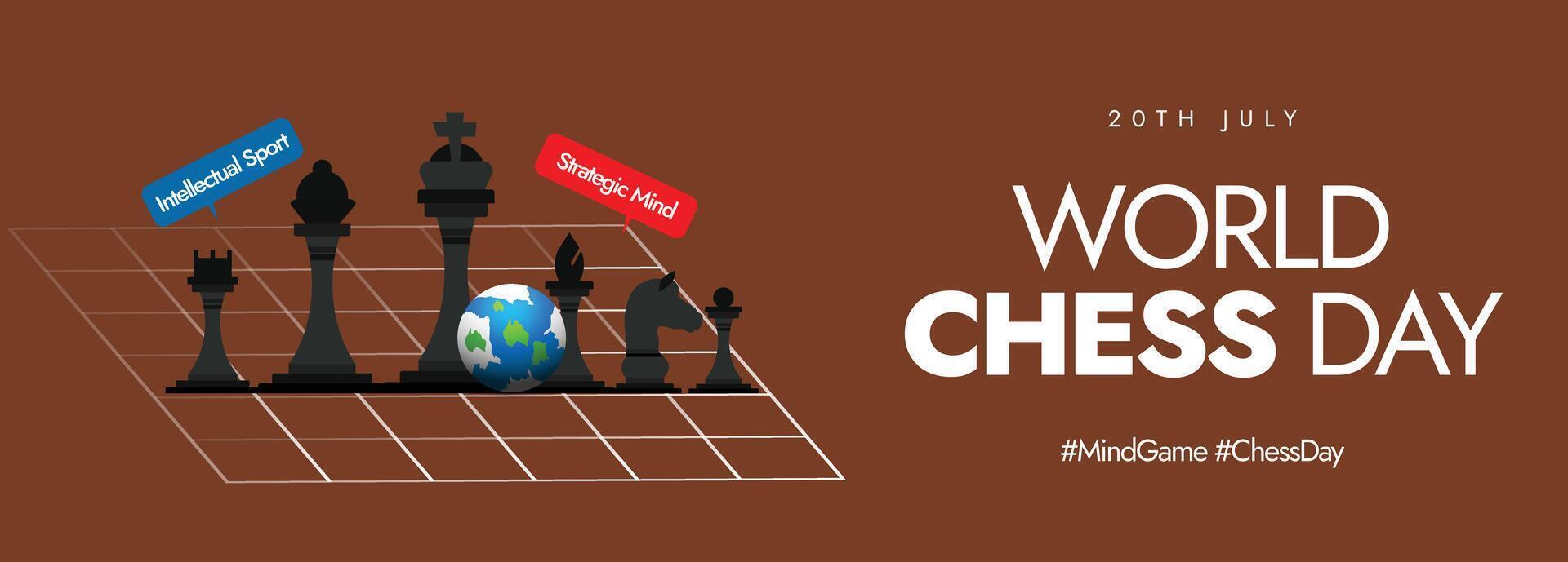 International chess day. 20th July World chess day celebration cover banner with its pieces, pattern and earth globe on dark brown background. Speech bubble of intellectual sport, strategic mind. vector