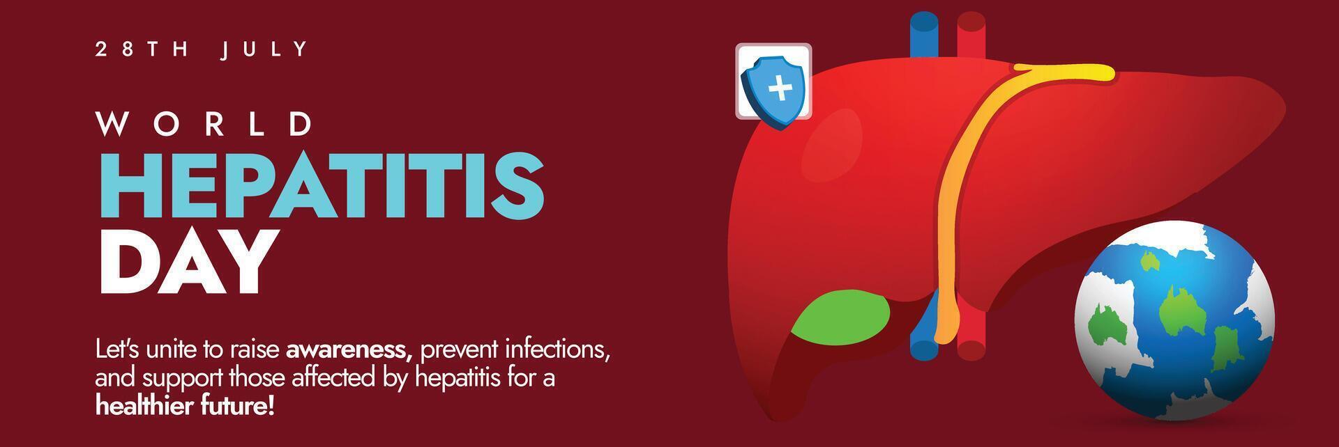 World Hepatitis day. 28th July World Hepatitis day awareness cover banner, social media post with liver, earth globe. The theme for 2024 is Hepatitis Can't Wait. Early diagnosis save liver. vector