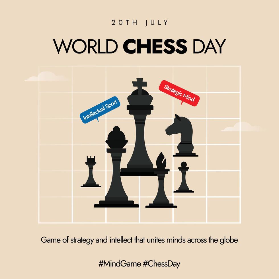 International Chess day. 20th July chess day celebration banner, social media post with chess board, pieces. The day is to commemorate the founding of the International Chess Federation FIDE in 1924 vector