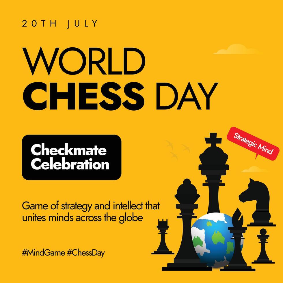 World Chess day 20th July celebration banner, post. Chess day banner with its pieces and earth globe. Chess has evolved over the centuries and will probably continue to keep changing with the times. vector