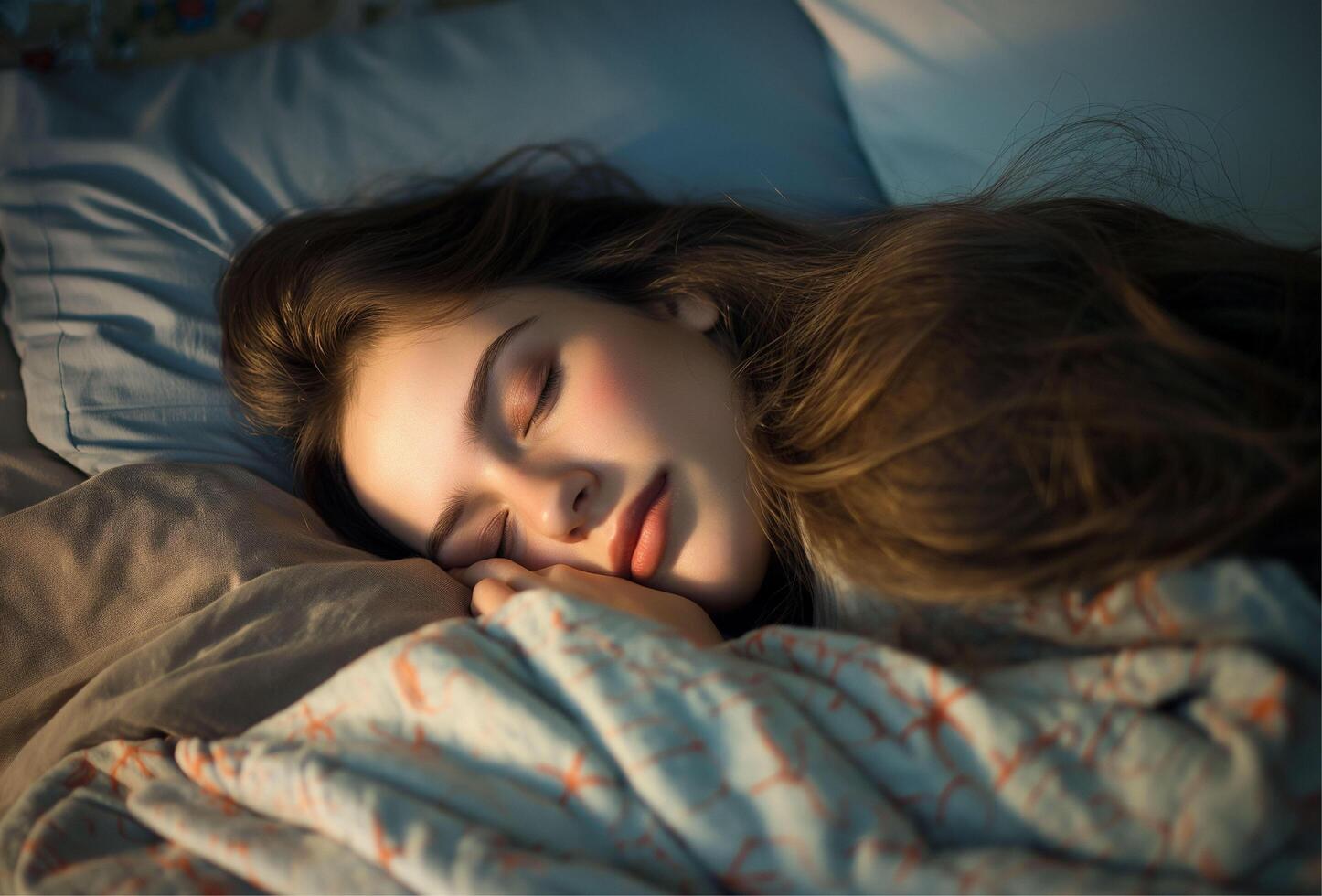 young beautiful woman sleeping in her bed photo