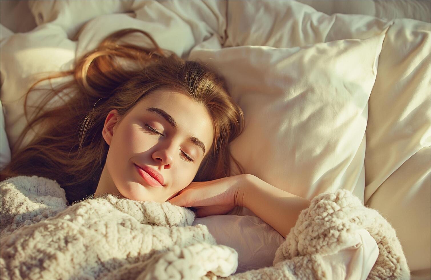 young beautiful woman sleeping in her bed photo