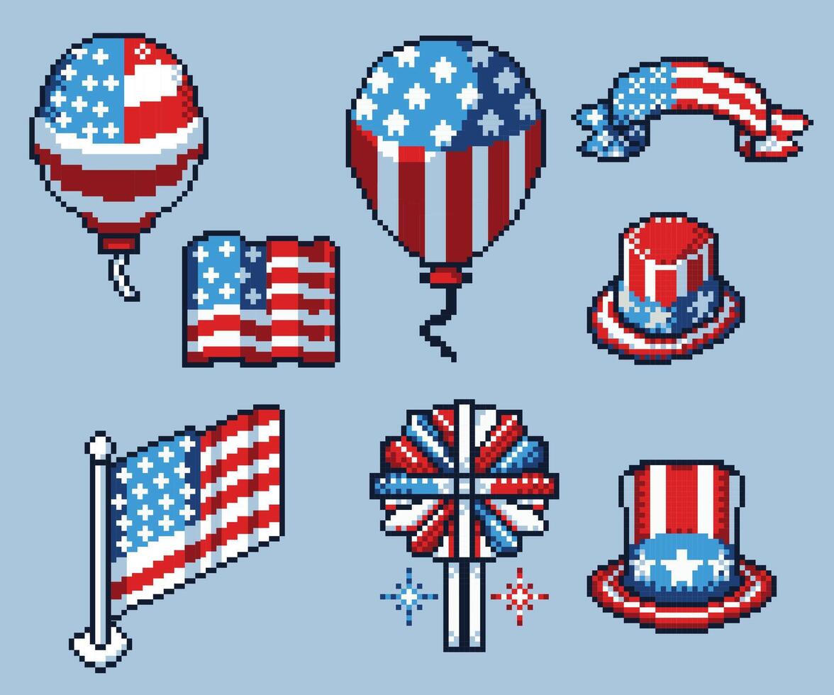 4 th July USA pixel art elements vector