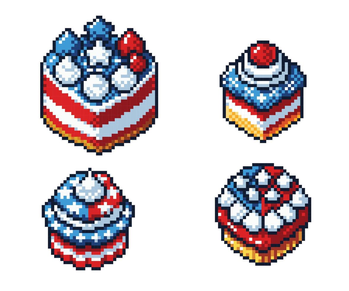 Patriotic Desserts isometric pixel art elements vector