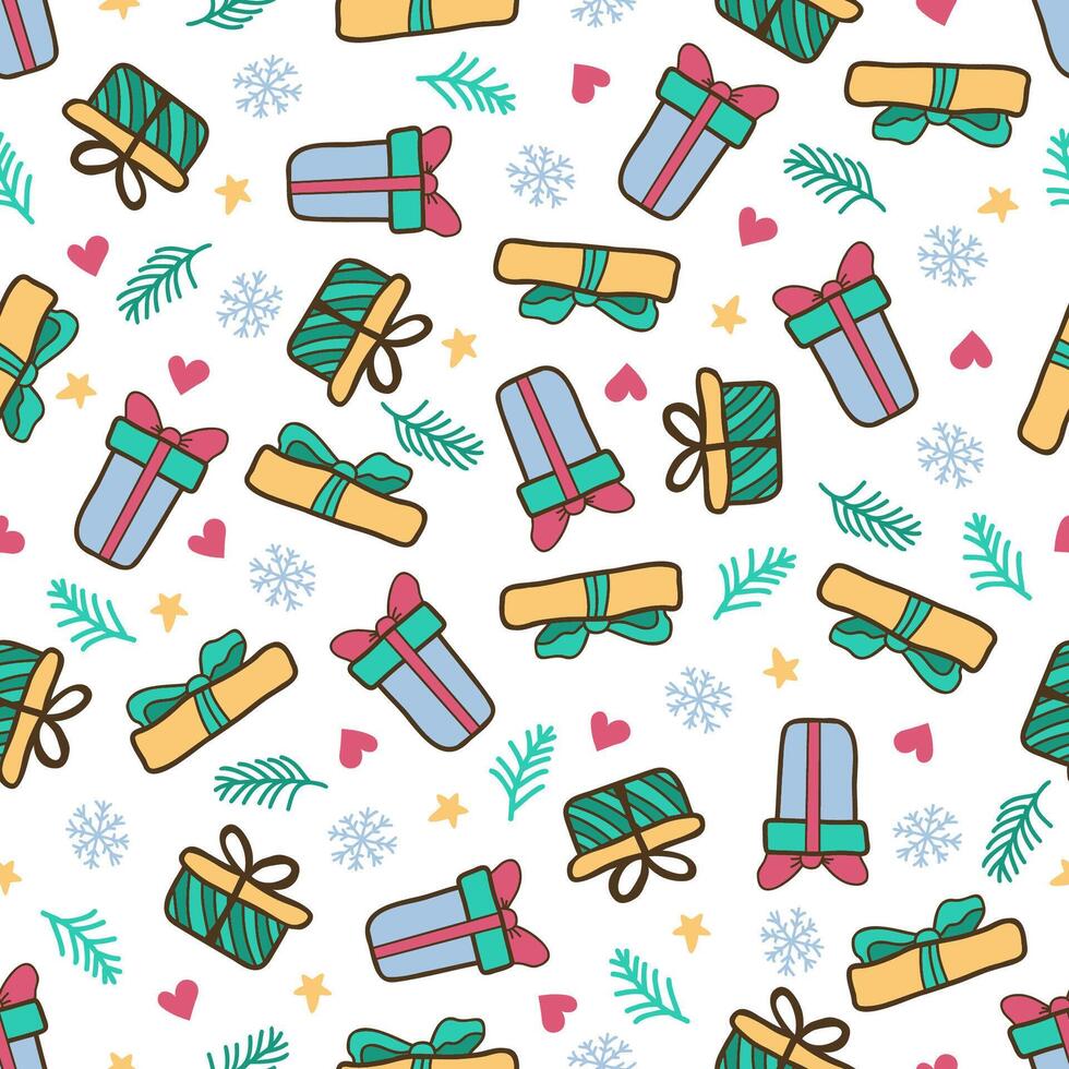 Winter seamless pattern with gift boxes, snowflakes, Christmas tree branch, heart and star. In doodle style. Stock isolated illustration on white background. vector
