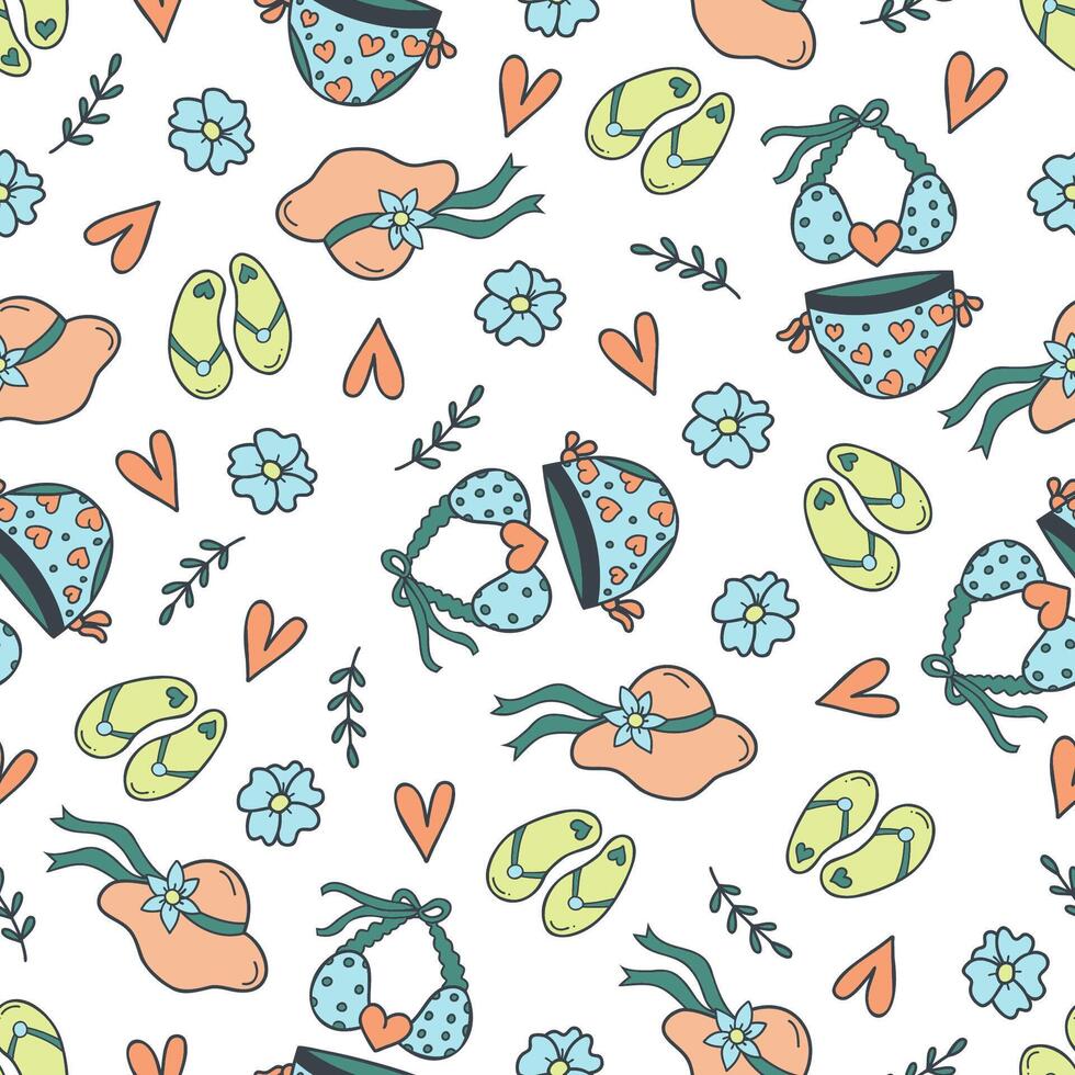 Summer seamless pattern with swimsuit, flip flops, flower, branch and heart. vector