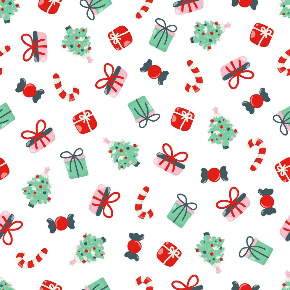 Christmas seamless pattern with fir tree, gifts, candy and sugar cane vector