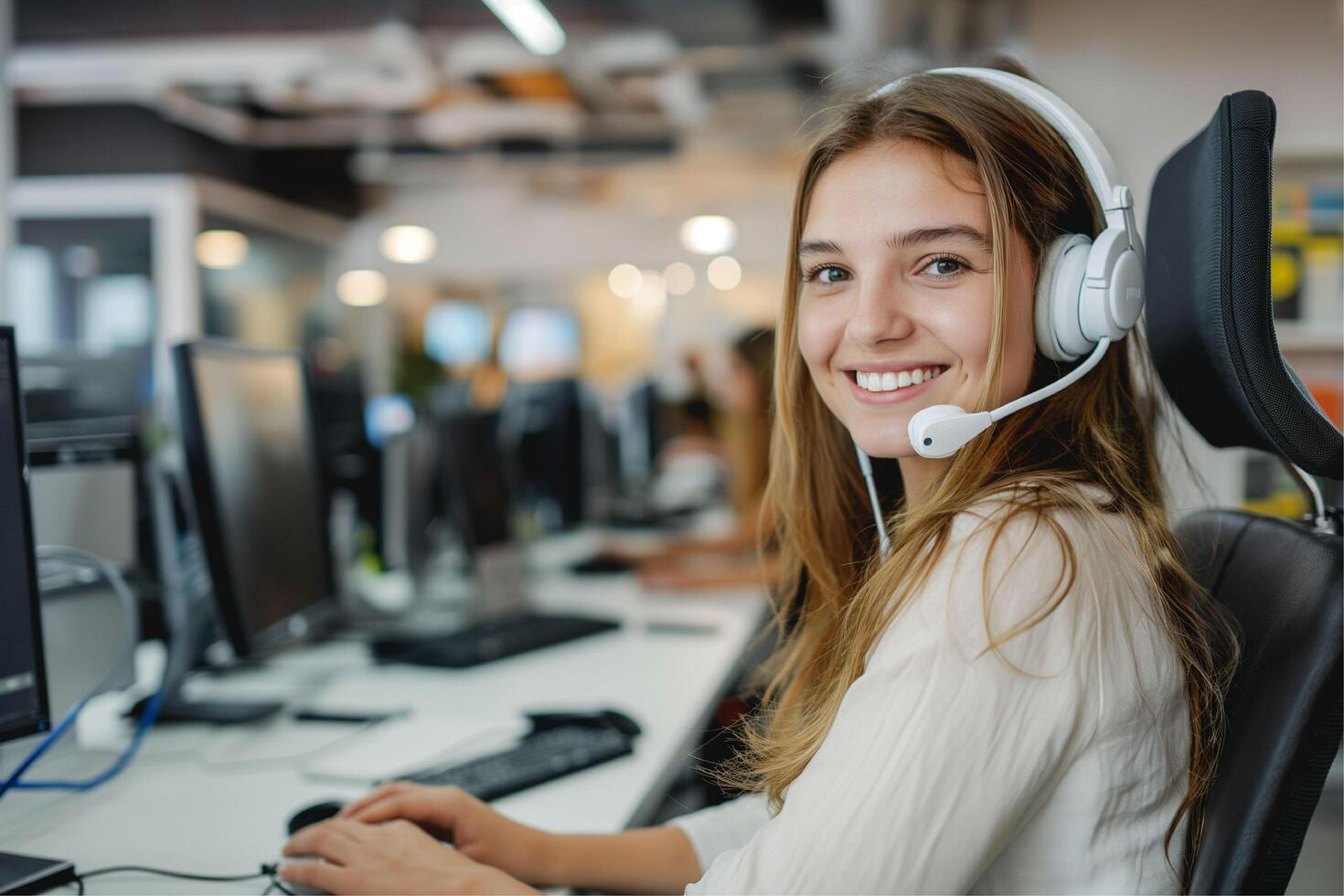female customer support phone operator at work photo