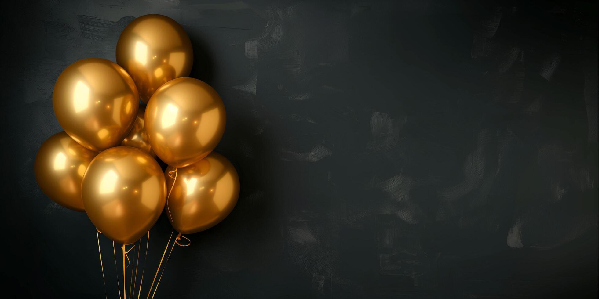Gold balloons bunch on a black wall background photo