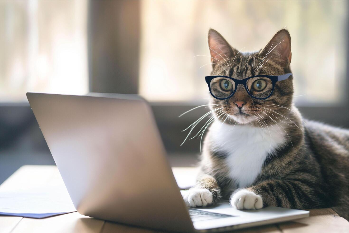 Cat wearing glasses working on a laptop photo