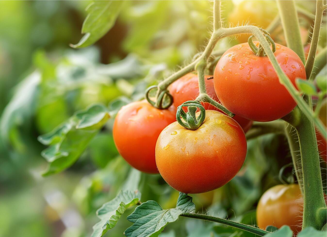 Ripe tomato cluster in greenhouse photo