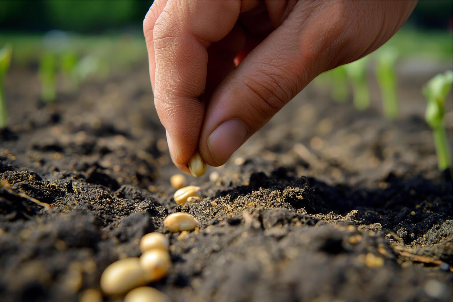 gardener's hands planting peas in urban vegetable garden on fertile soil photo