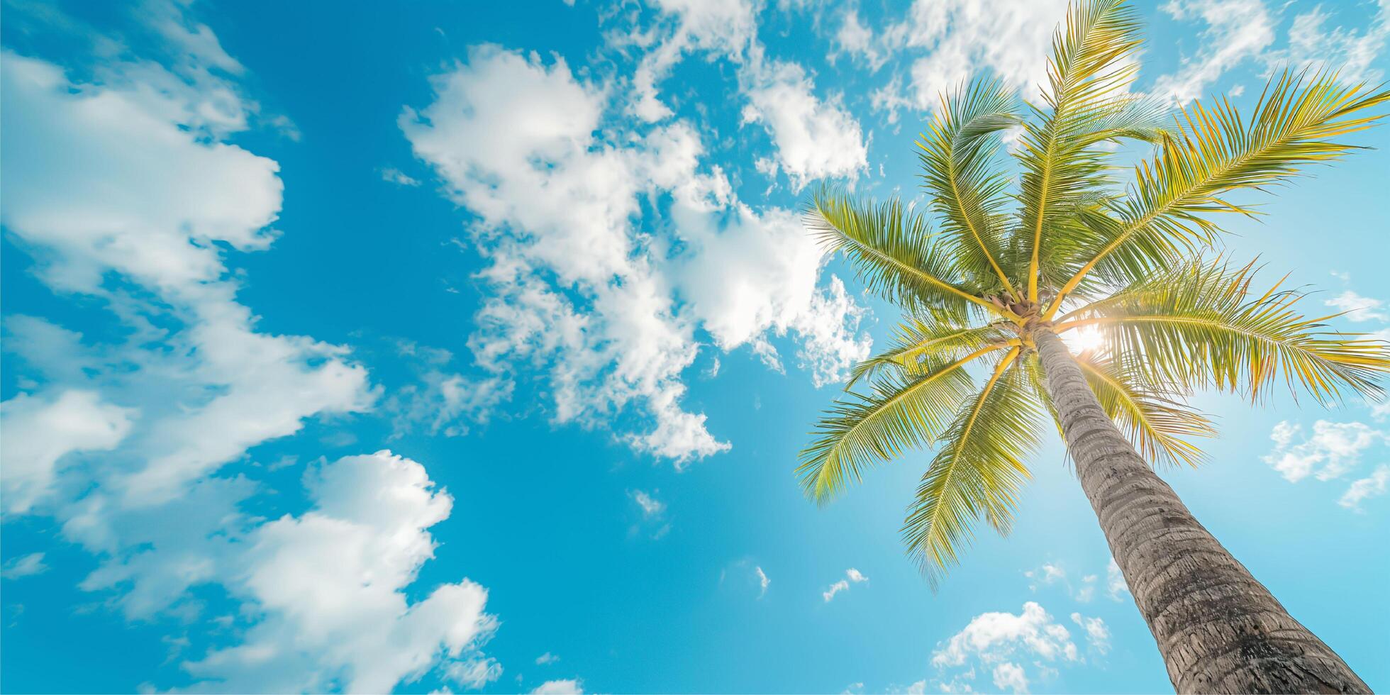 Palm tree on tropical beach with blue sky and white clouds photo