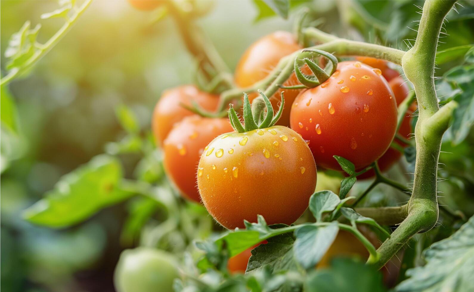 Ripe tomato cluster in greenhouse photo