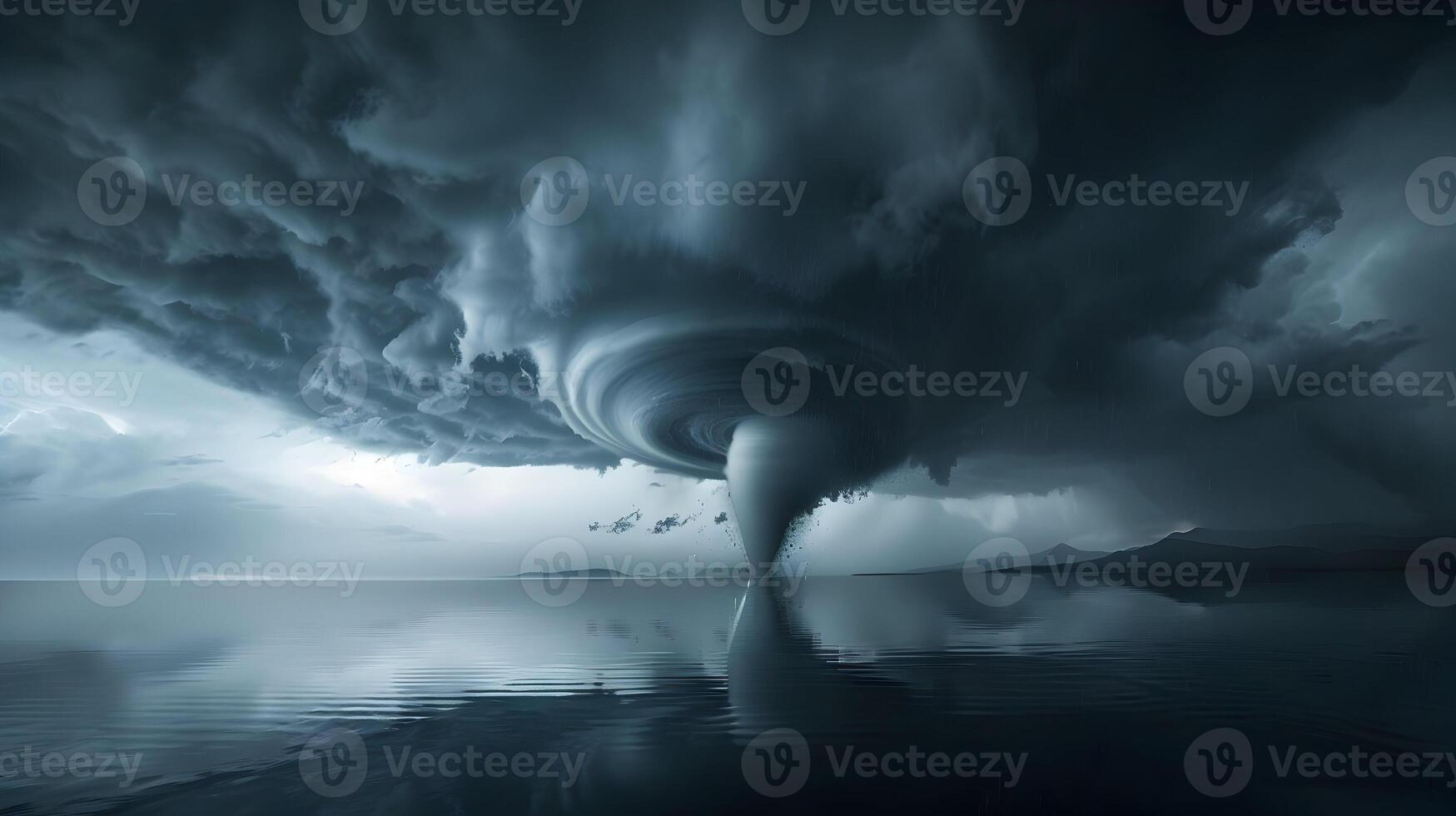 Tornado over a calm lake, reflecting its menacing form in the water, surrounded by dark clouds and heavy rain photo