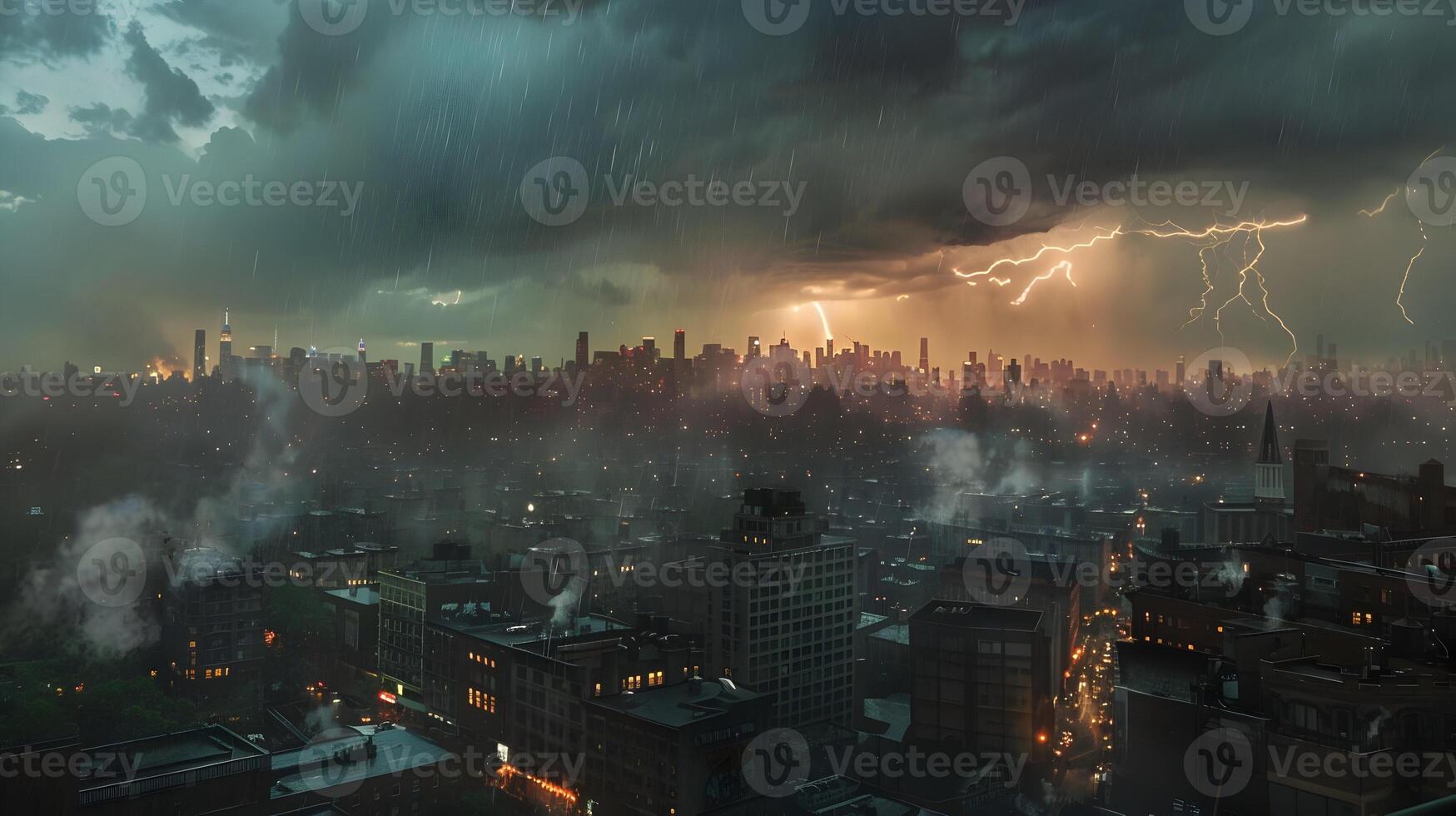 A city skyline at dusk with a massive thunderstorm approaching, lightning illuminating the buildings and rain beginning to fall on the streets below photo