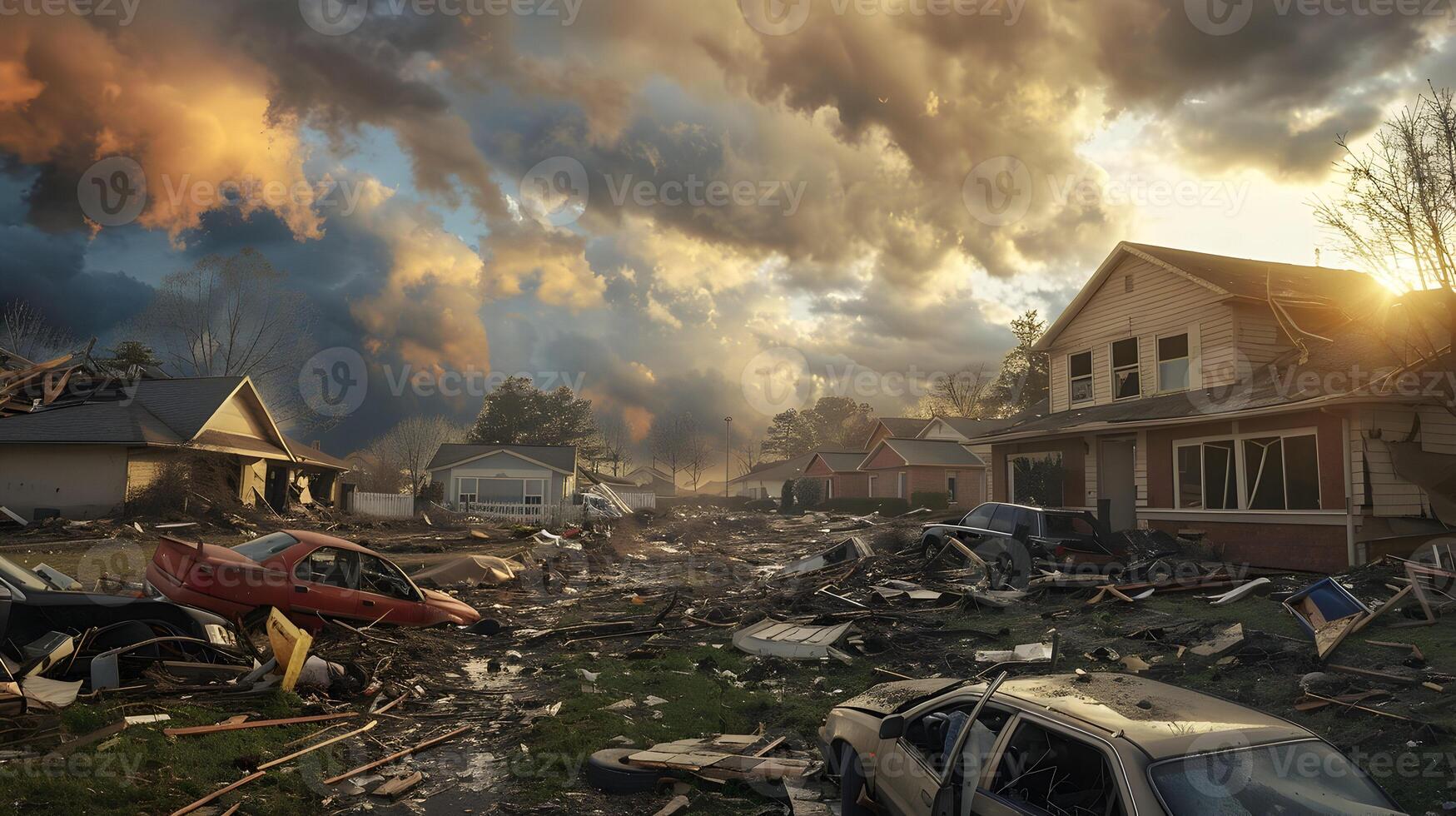 Aftermath of a tornado in a residential area, with destroyed homes, overturned cars, and scattered debris under a cloudy sky photo
