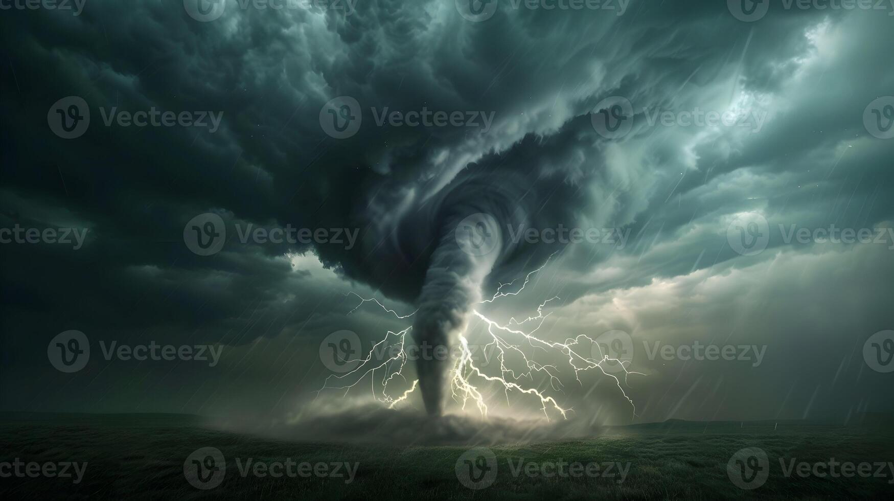 Powerful tornado funnel cloud in a wide-open plain, illuminated by flashes of lightning, with heavy rain and dark clouds adding to the dramatic scene photo