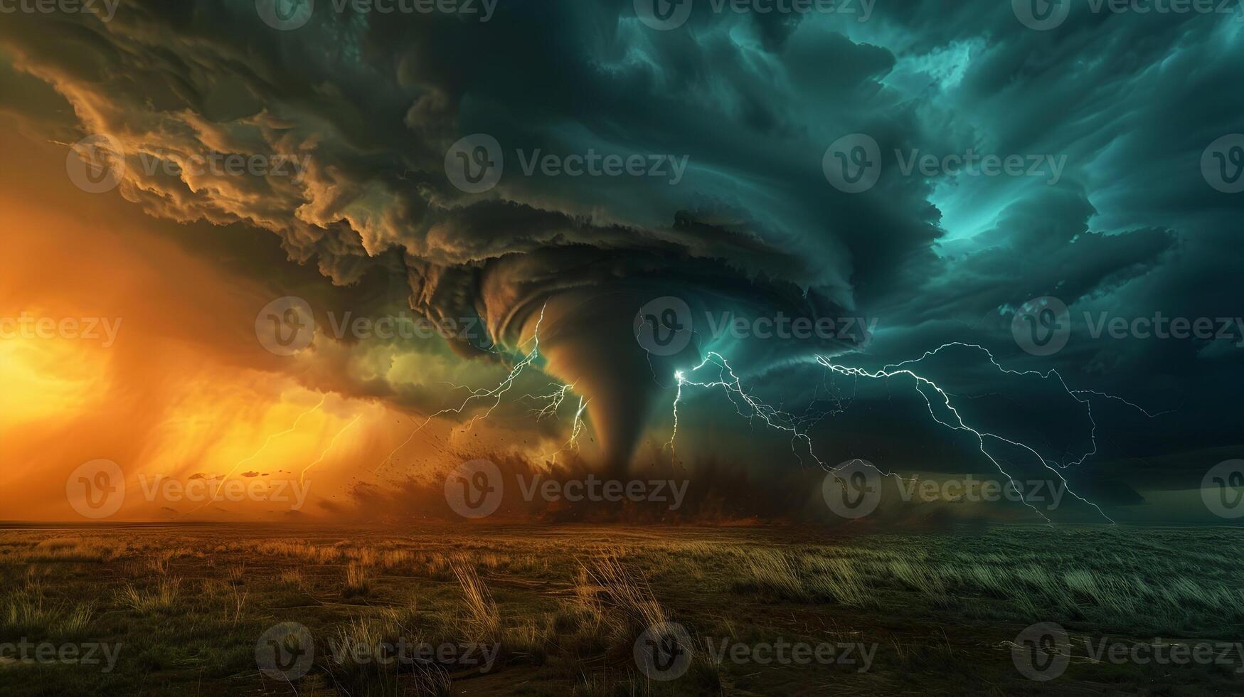 Powerful tornado funnel cloud in a wide-open plain, illuminated by flashes of lightning, with heavy rain and dark clouds adding to the dramatic scene photo