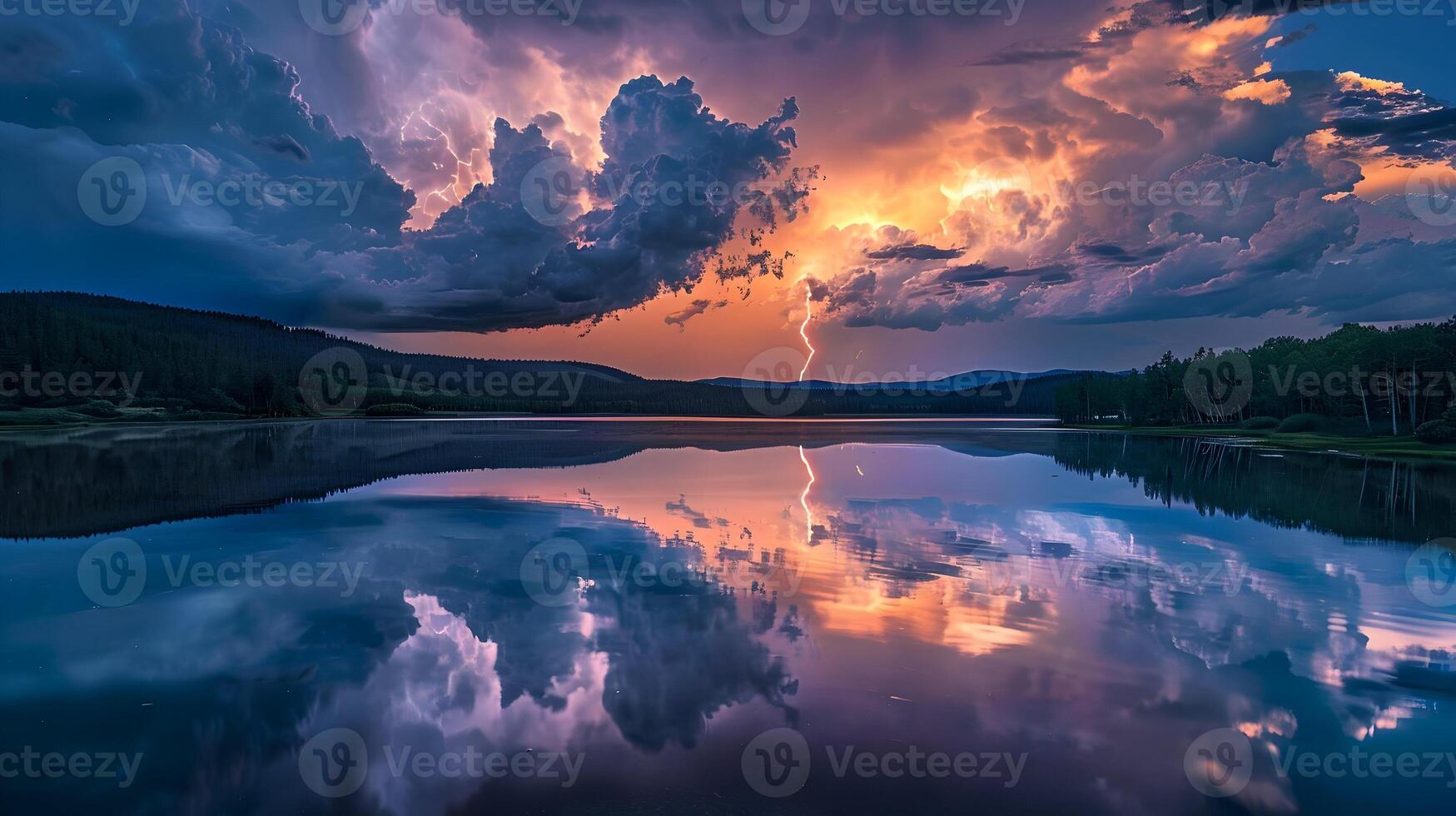 A serene lake reflecting the dark storm clouds and vivid lightning strikes overhead, creating a mirror-like effect on the water's surface, enhancing the dramatic atmosphere photo
