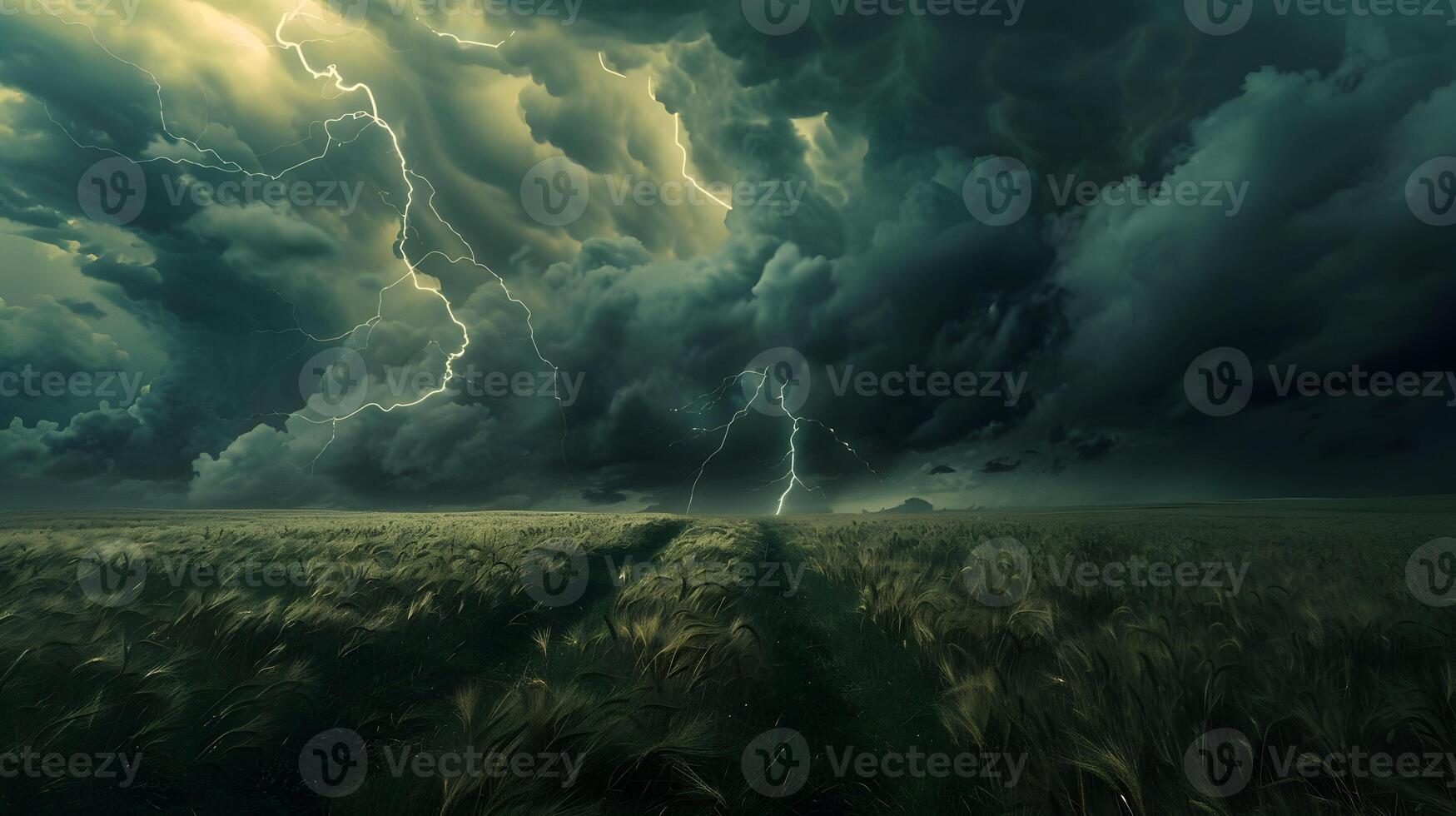 A dramatic thunderstorm over an open field with dark, swirling clouds and vivid lightning bolts striking in the distance, casting eerie shadows on the ground photo