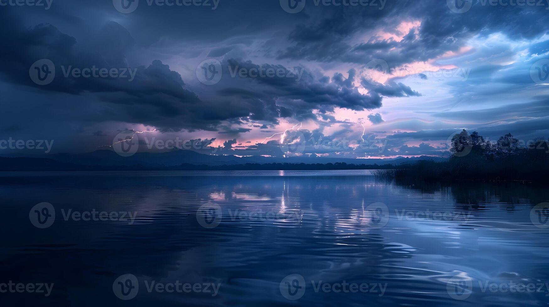 A serene lake reflecting the dark storm clouds and vivid lightning strikes overhead, creating a mirror-like effect on the water's surface, enhancing the dramatic atmosphere photo