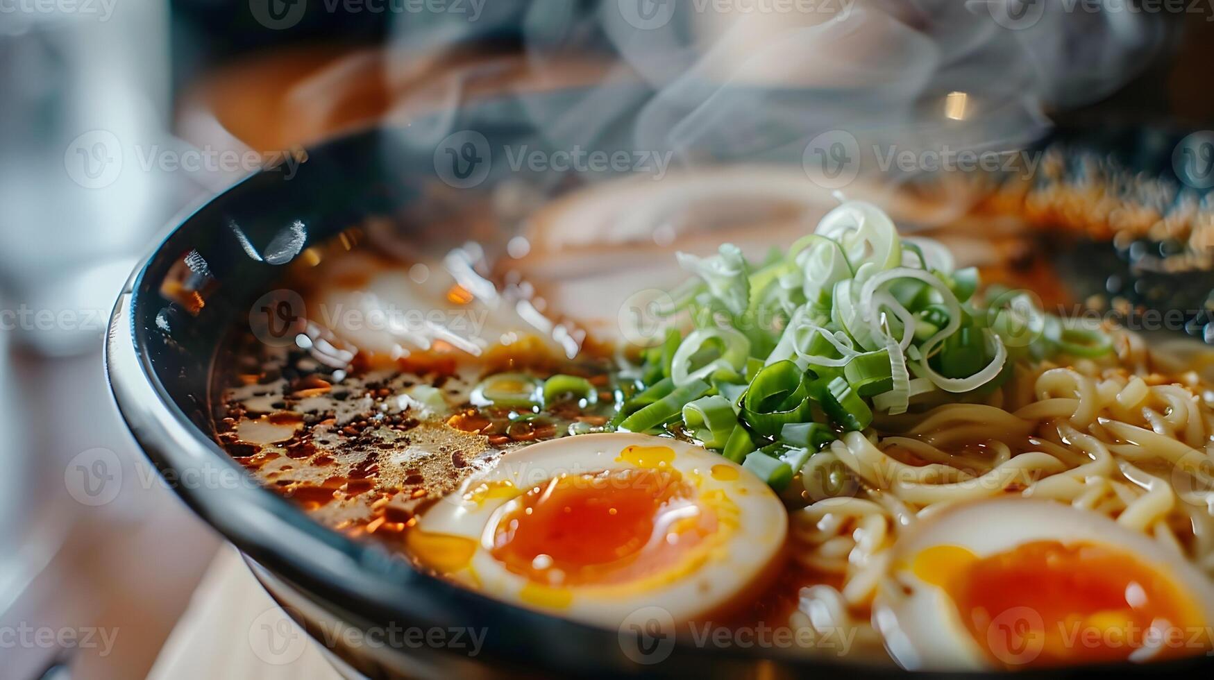 A close-up of a steaming bowl of spicy ramen noodle soup, with visible slices of tender pork, boiled egg halves, and fresh green onions, all surrounded by a rich, red broth photo