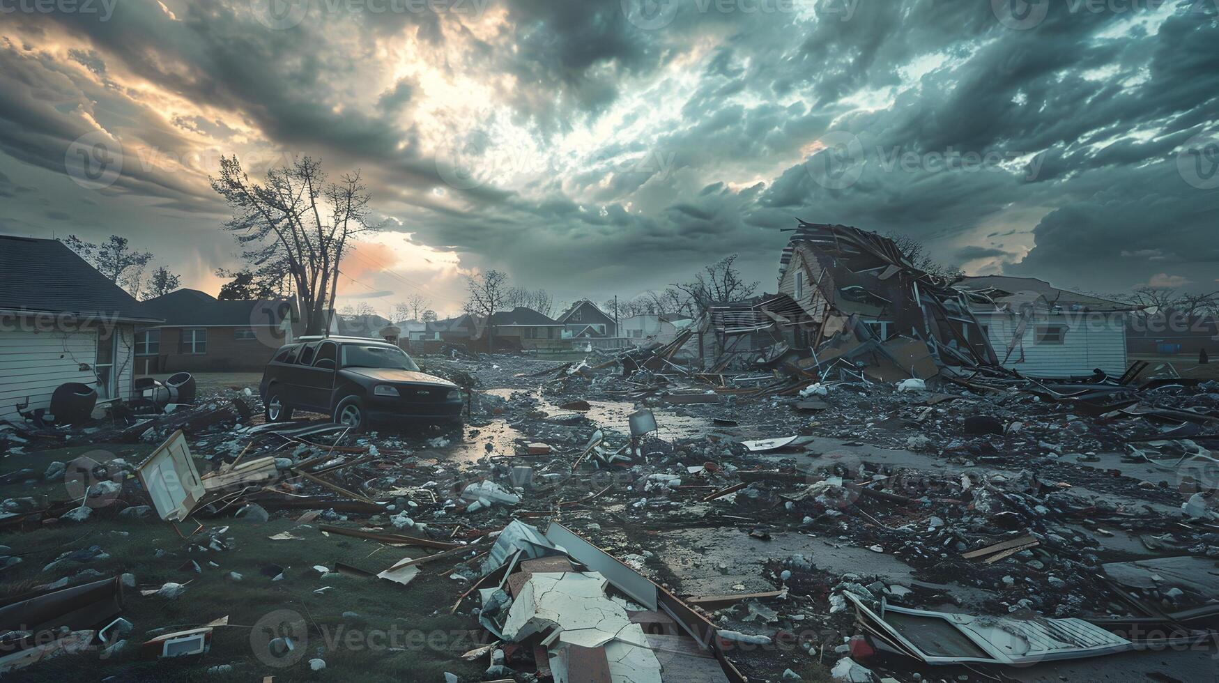Aftermath of a tornado in a residential area, with destroyed homes, overturned cars, and scattered debris under a cloudy sky photo