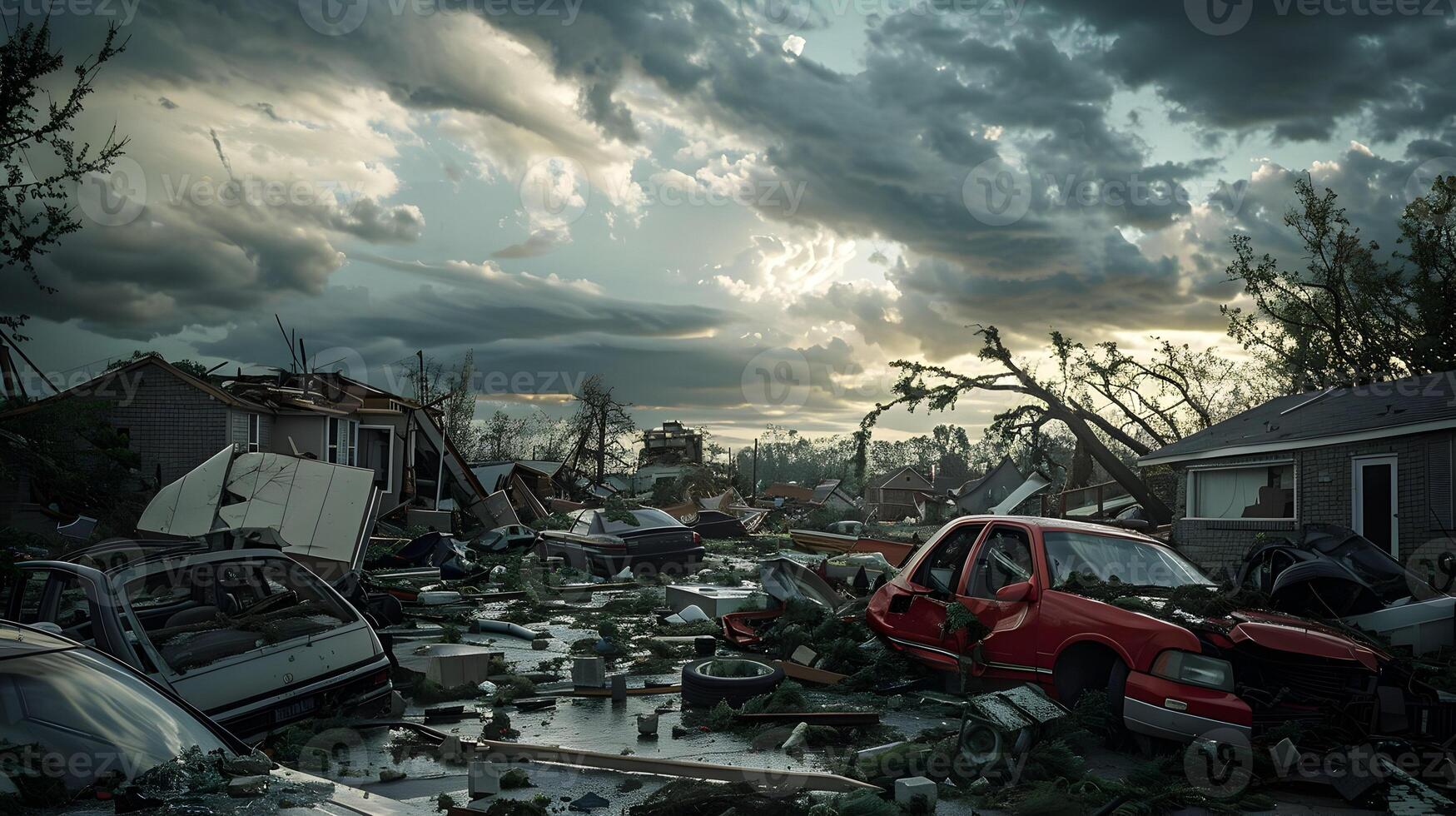 Aftermath of a tornado in a residential area, with destroyed homes, overturned cars, and scattered debris under a cloudy sky photo