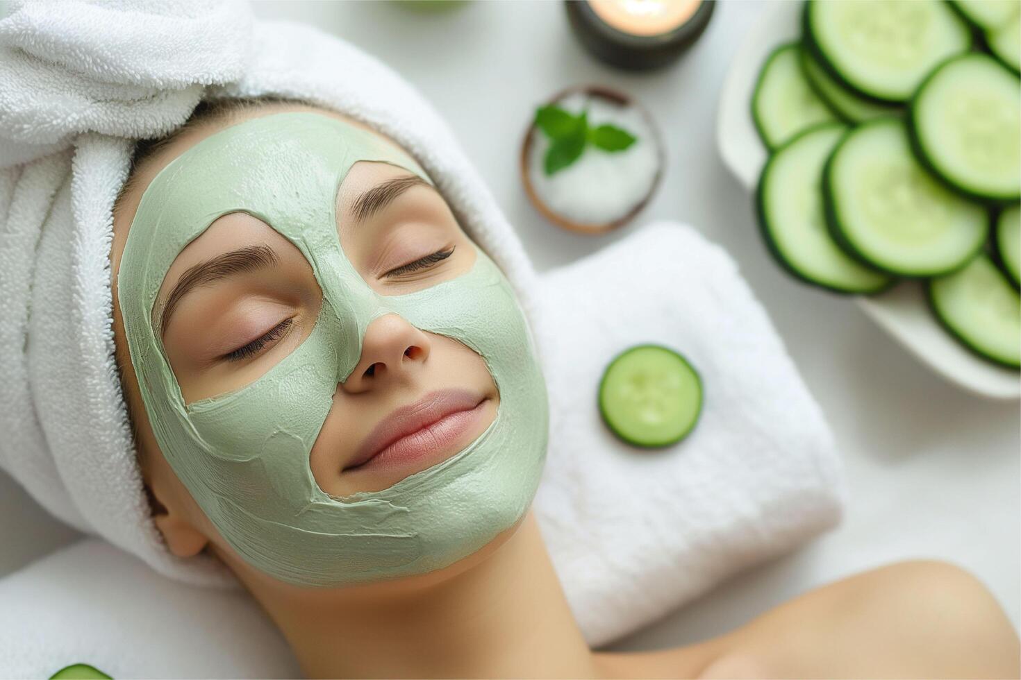 Girl with cucumber skincare cream photo