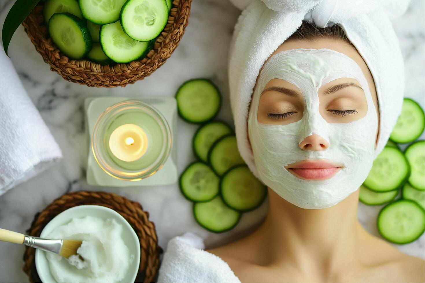 Girl with cucumber skincare cream photo