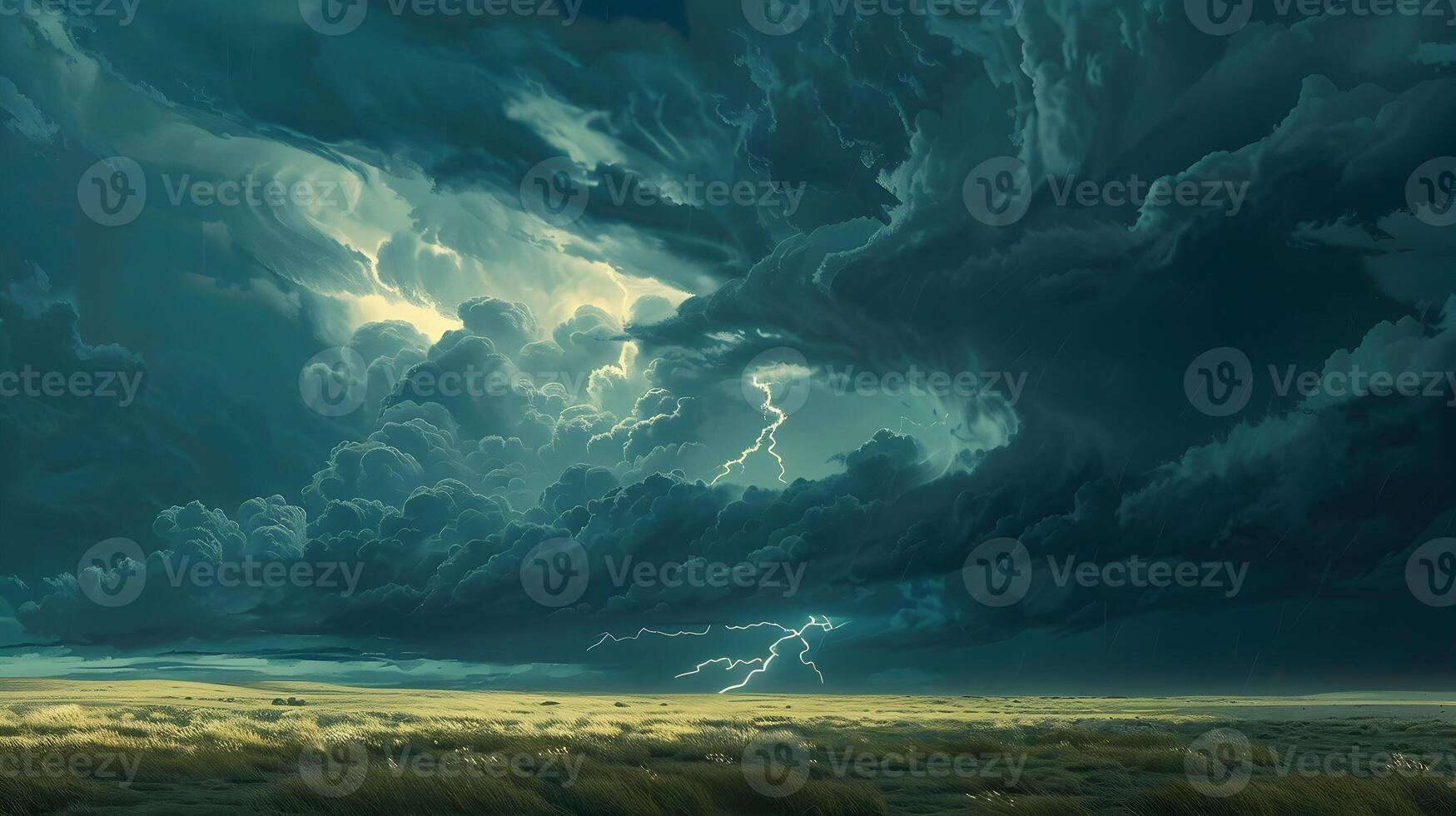 A dramatic thunderstorm over an open field with dark, swirling clouds and vivid lightning bolts striking in the distance, casting eerie shadows on the ground photo