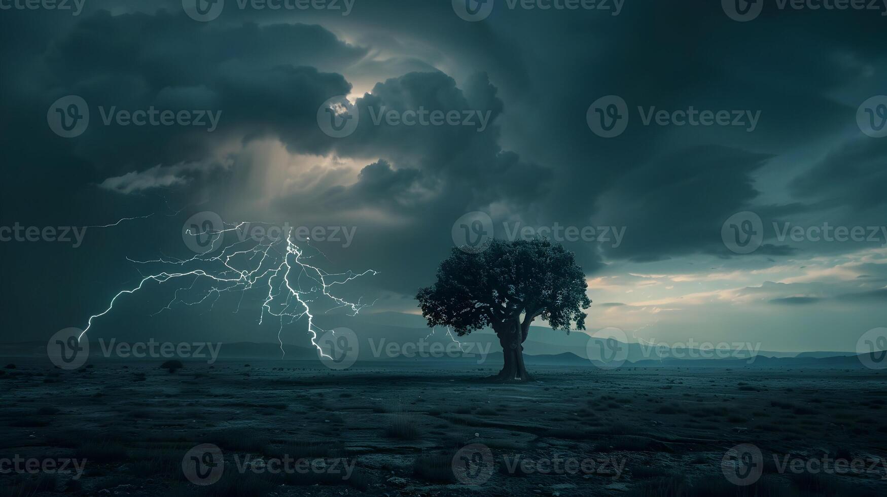 A lone tree in a vast, empty landscape silhouetted against a backdrop of dark storm clouds and multiple lightning strikes illuminating the scene photo