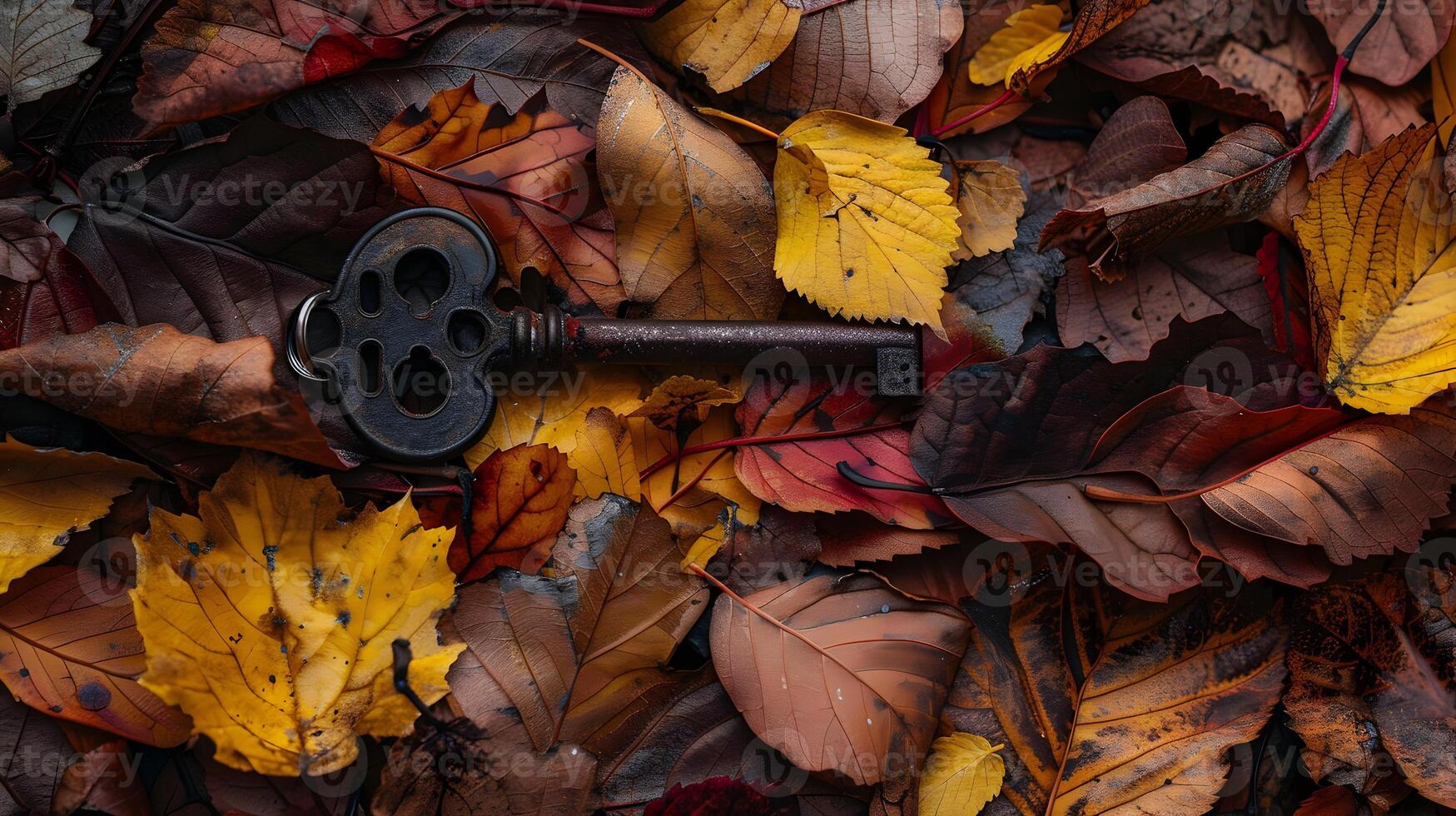 A mysterious old key lying in a bed of autumn leaves, the colors and textures of the leaves contrasting with the dark metal of the key photo