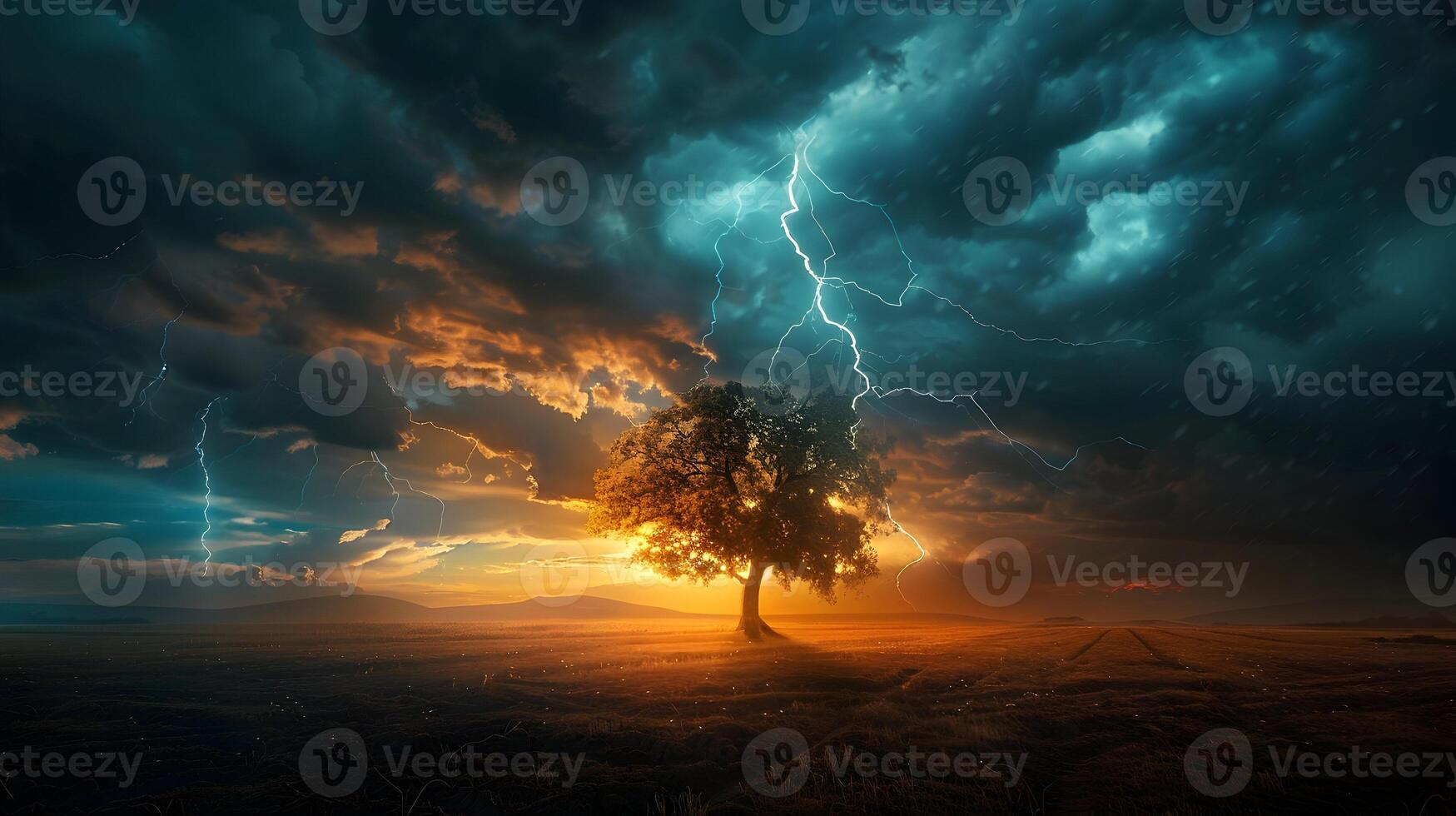 A lone tree in a vast, empty landscape silhouetted against a backdrop of dark storm clouds and multiple lightning strikes illuminating the scene photo