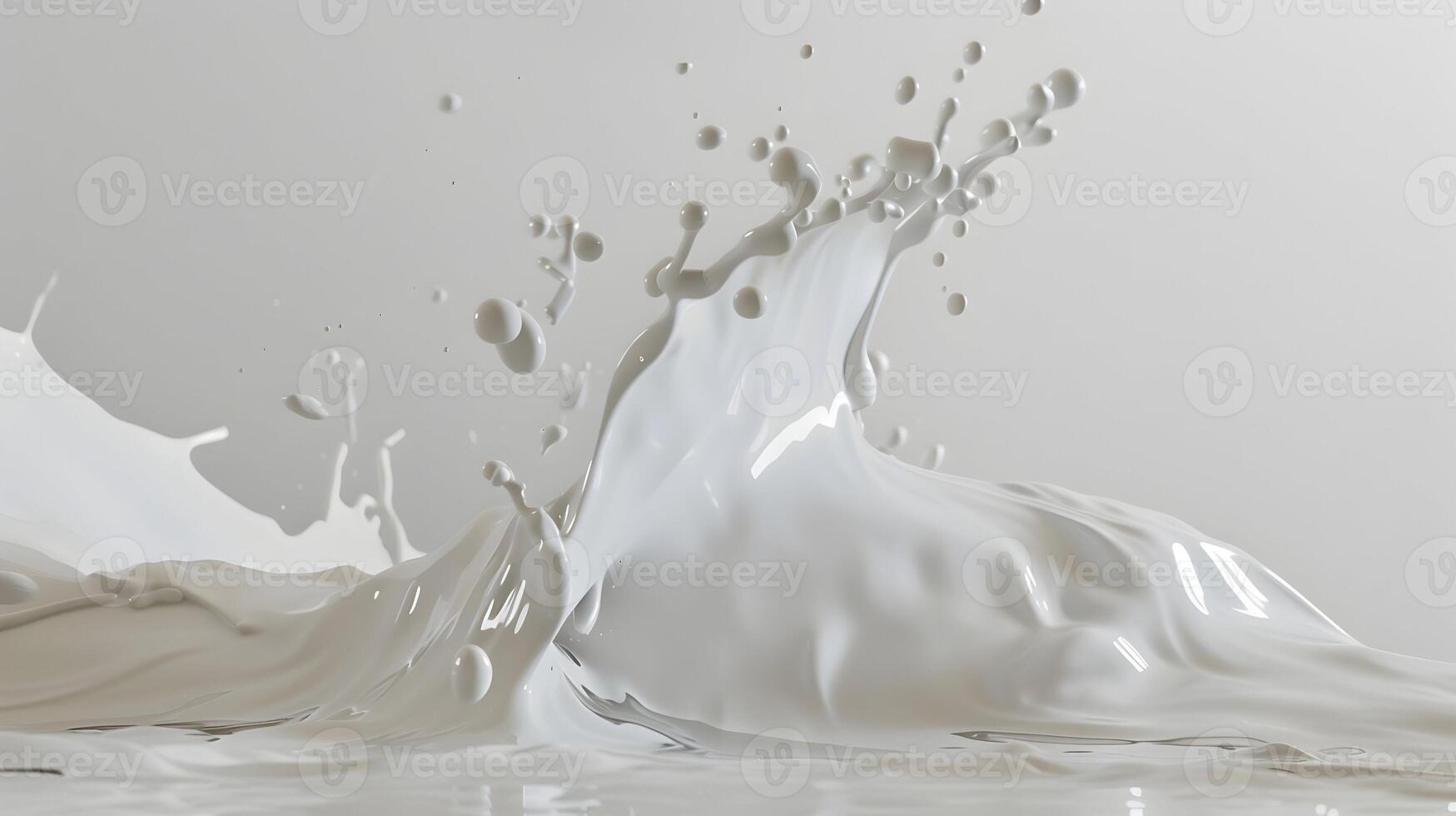 A splash of milk captured in mid-air, creating dynamic shapes against a clean white background, with the splash frozen in time photo