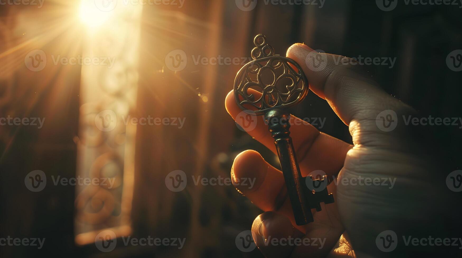 A close-up shot of a hand holding an old rusty key with intricate details, sunlight streaming through a nearby window illuminating the hand and key photo