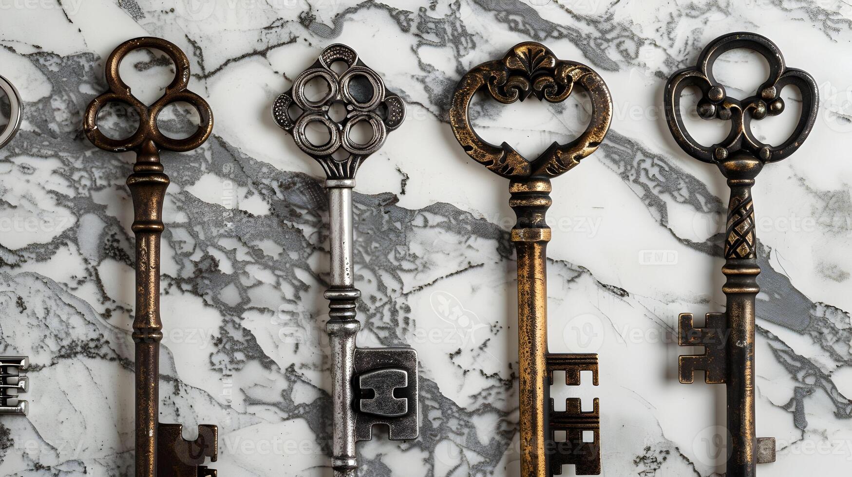 A high-detail image of a set of keys on a marble countertop, each key with unique designs and textures, shadows creating a dramatic effect photo