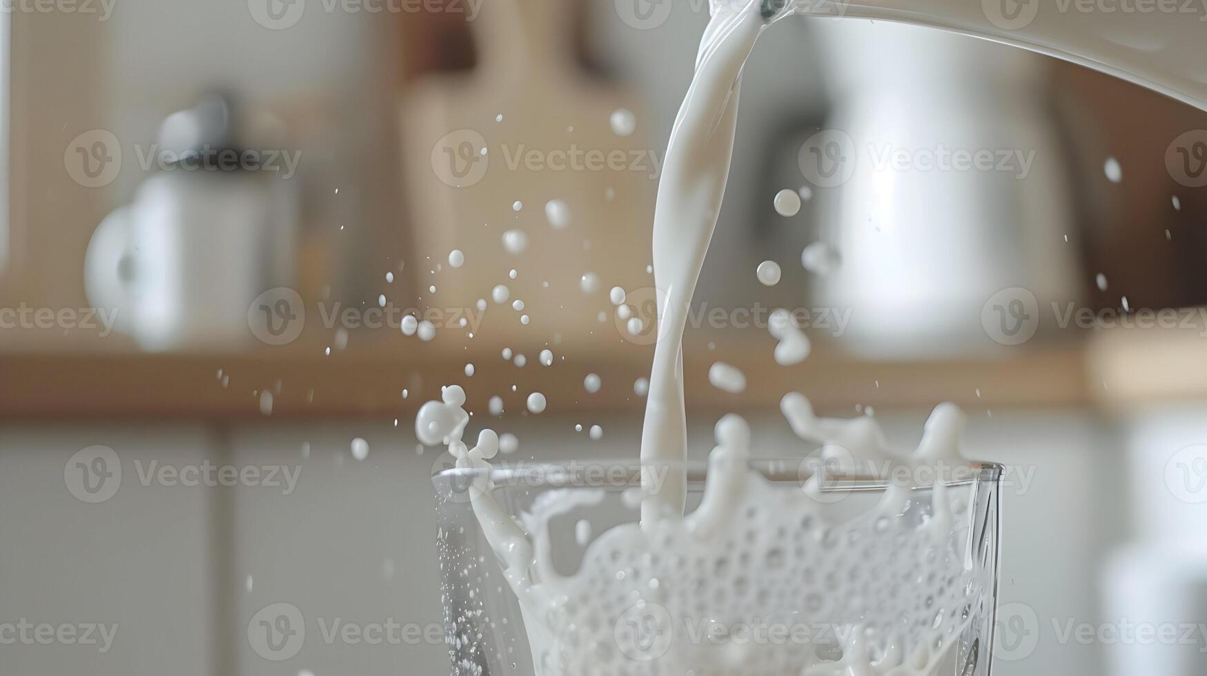 A close-up shot of a milk jug being poured into a clear glass, with the milk forming elegant ripples and bubbles, set against a minimalist white kitchen background photo