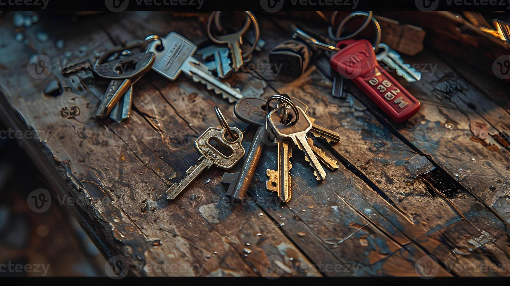 A weathered keychain with multiple keys, lying on a rustic wooden table with various trinkets and a background of dim ambient light photo