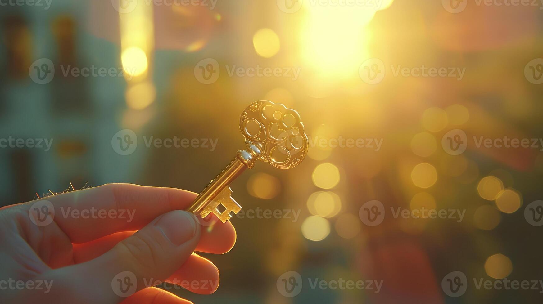 A close-up of a hand holding a golden key against a blurred urban background, the key catching the sunlight and creating a sparkling effect photo