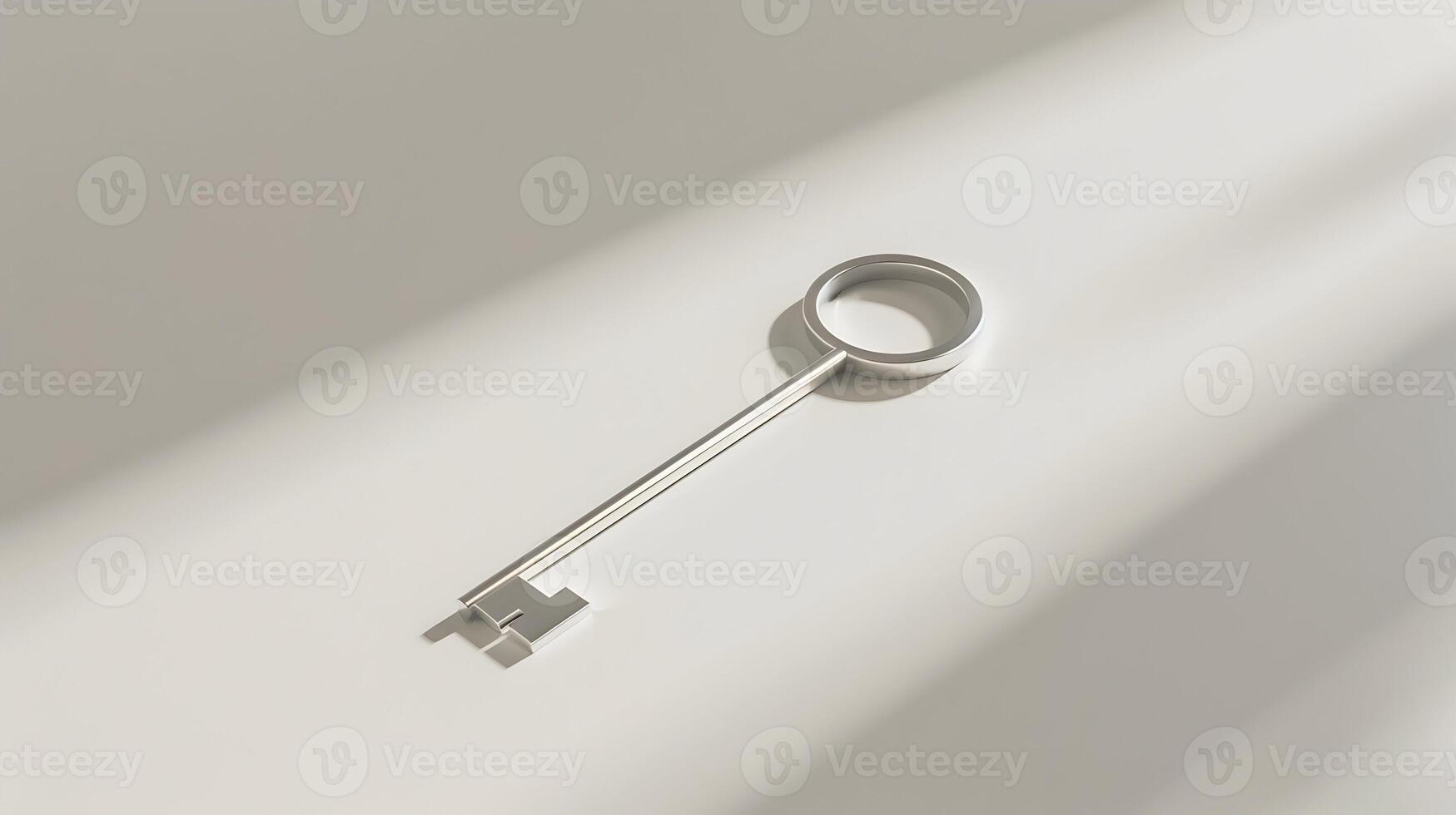A minimalist modern key on a white background, with soft shadows emphasizing the key's sleek and contemporary design photo