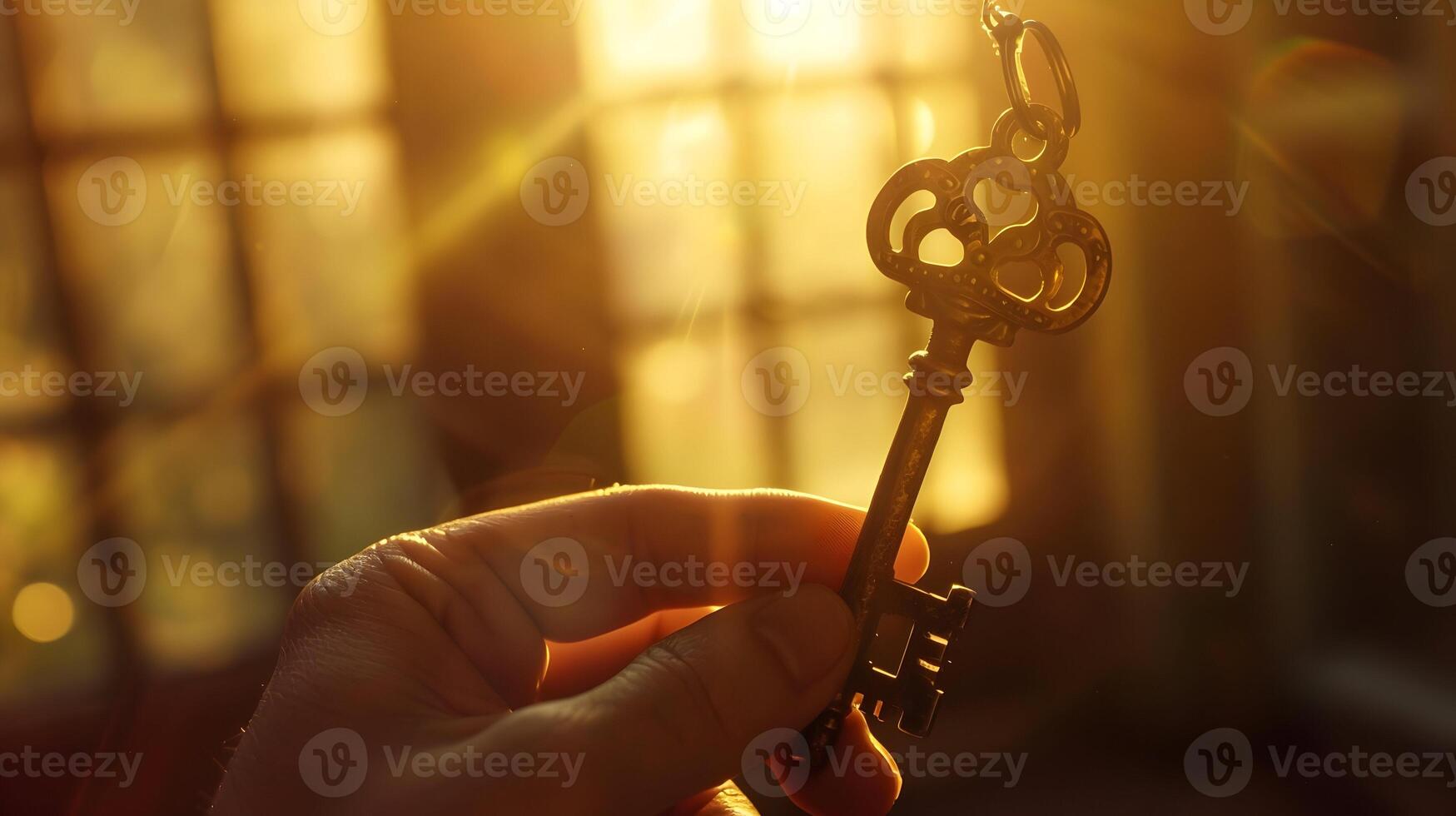 A close-up shot of a hand holding an old rusty key with intricate details, sunlight streaming through a nearby window illuminating the hand and key photo