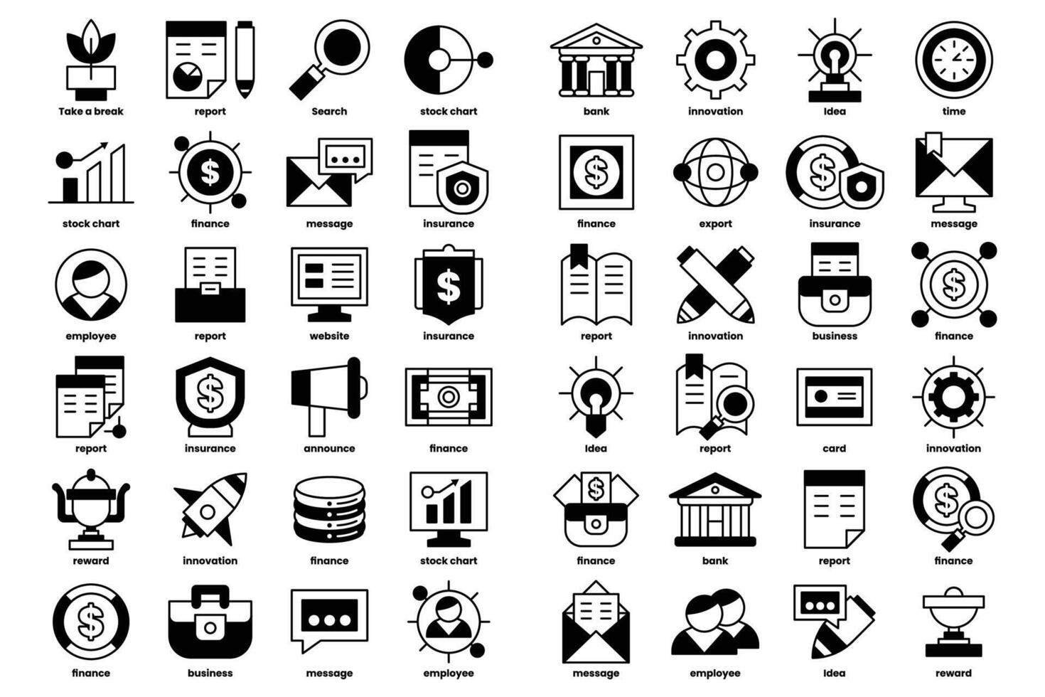 A collection of black and white icons for various financial services vector