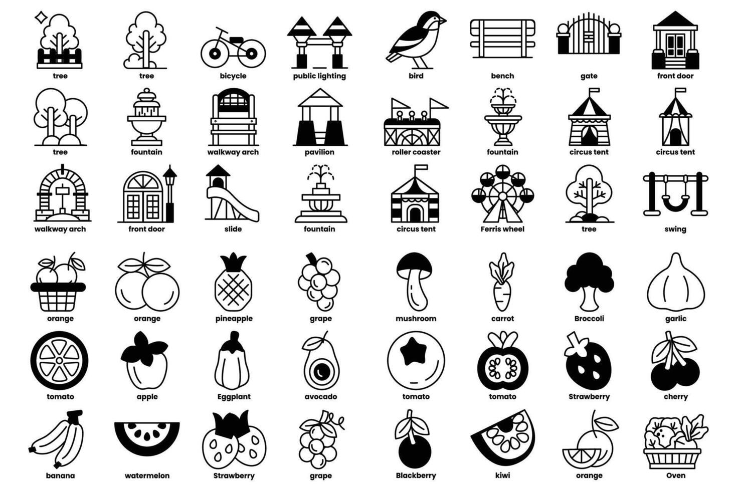 A collection of black and white icons of various fruits and vegetables vector