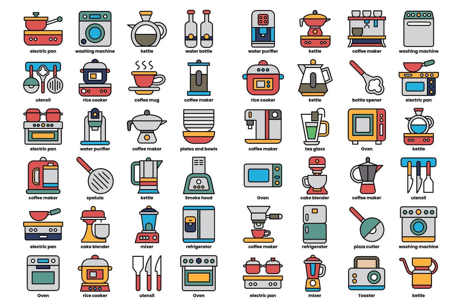 A collection of kitchen appliances and utensils, including a toaster, blender vector